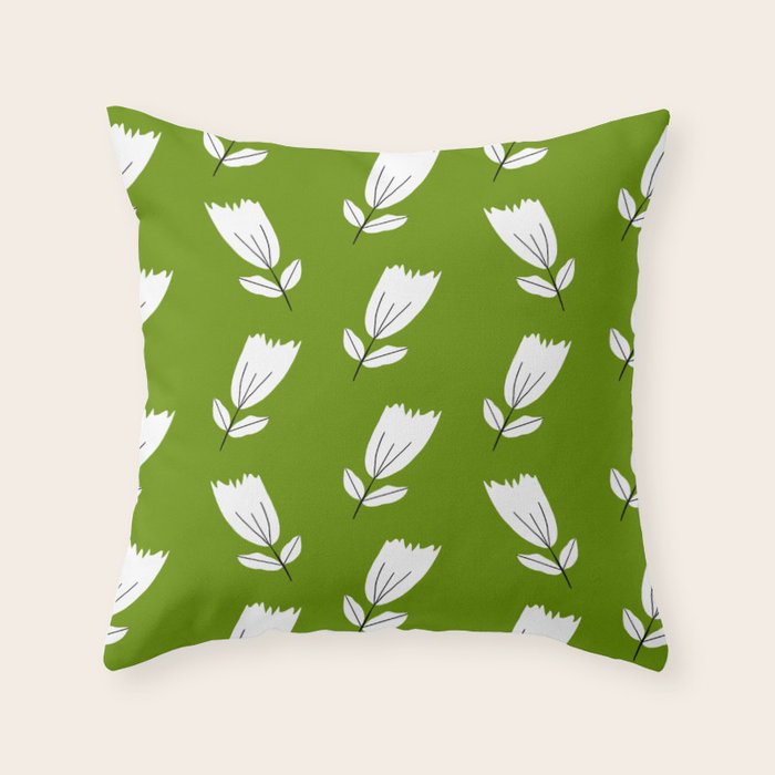 Dancing White Floral Pattern - Green Background Throw Pillow Gallery Image 6