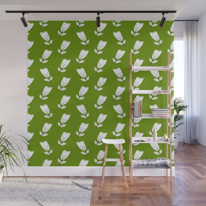 Dancing White Floral Pattern - Green Background Wall Mural Gallery Image 1