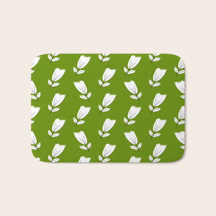 Dancing White Floral Pattern - Green Background Bath Mat Gallery Image 1