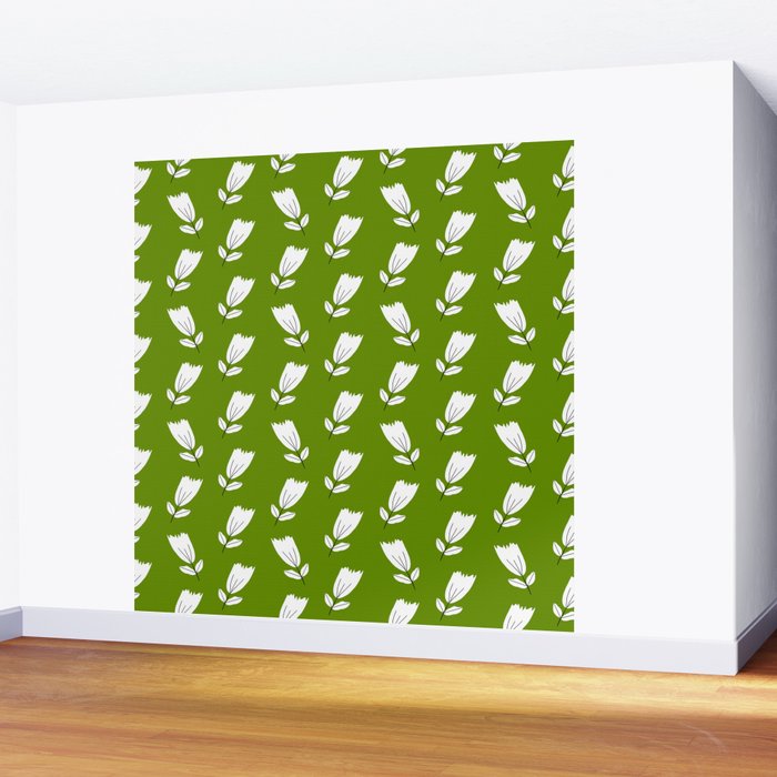 Dancing White Floral Pattern - Green Background Wall Mural Gallery Image 2