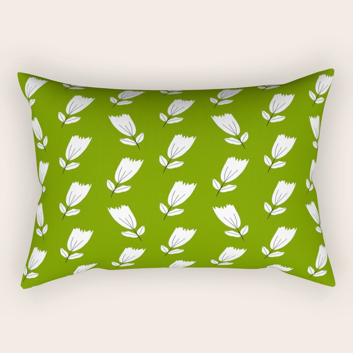 Dancing White Floral Pattern - Green Background Rectangular Pillow Gallery Image 1