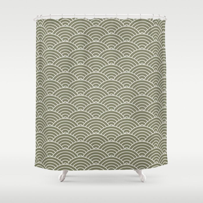 Japanese Waves Pattern Olive II Shower Curtain Gallery Image 1