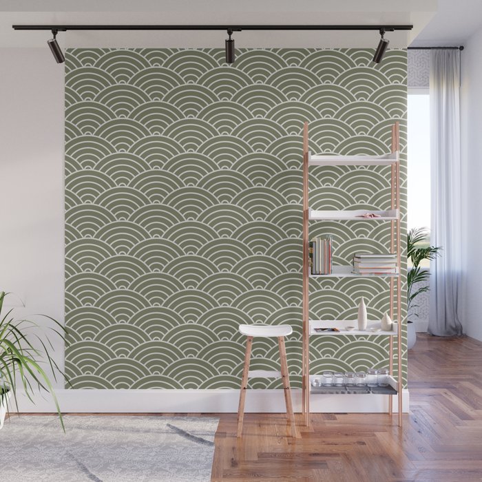 Japanese Waves Pattern Olive II Wall Mural Gallery Image 1