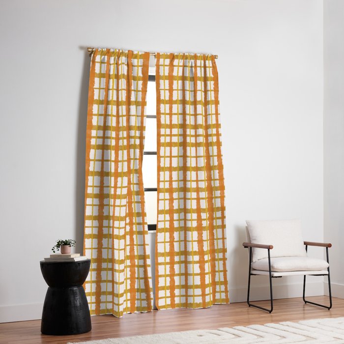 Hygge Retro Stripe Painted Plaid Pattern Orange Mustard Cream Window Curtain Gallery Image 2
