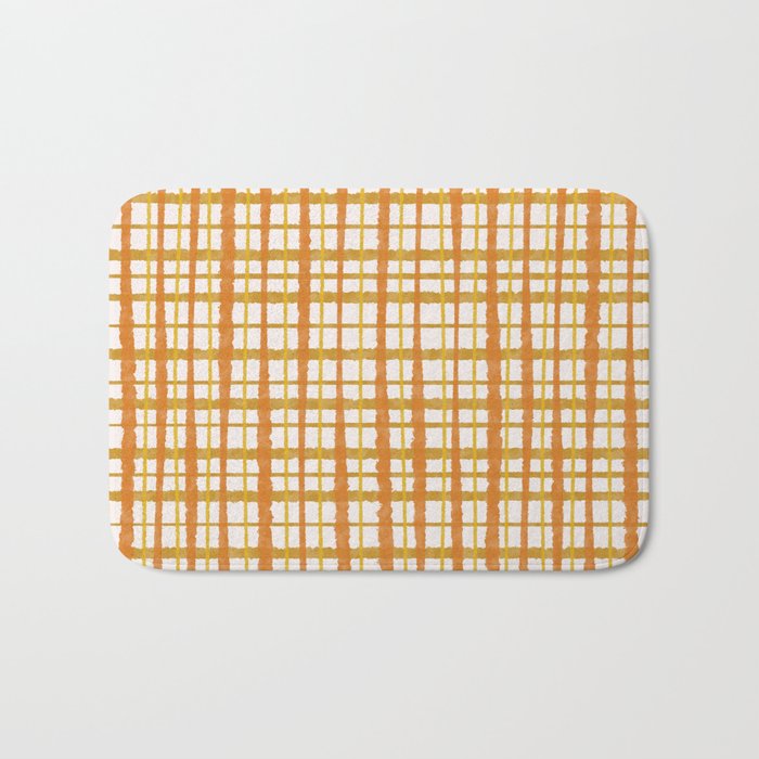 Hygge Retro Stripe Painted Plaid Pattern Orange Mustard Cream Bath Mat Gallery Image 1