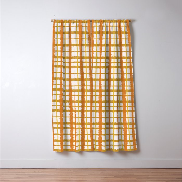 Hygge Retro Stripe Painted Plaid Pattern Orange Mustard Cream Window Curtain Gallery Image 3