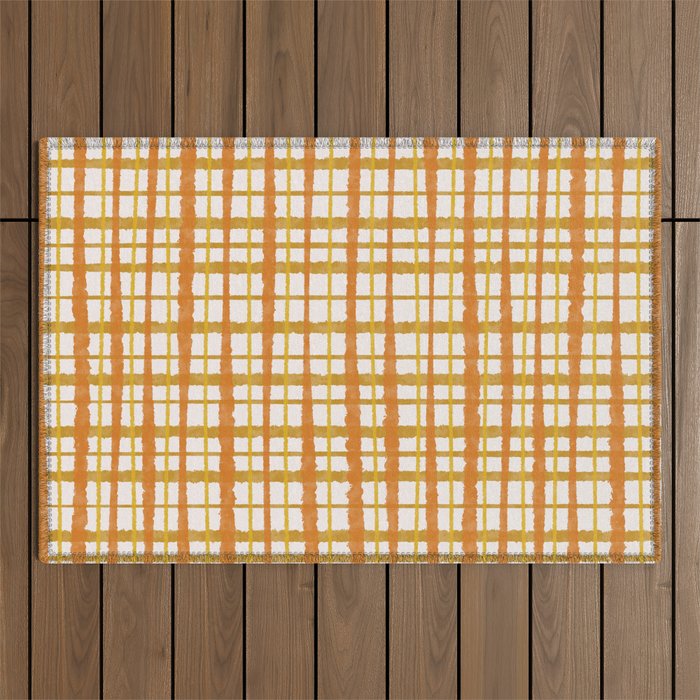 Hygge Retro Stripe Painted Plaid Pattern Orange Mustard Cream Outdoor Rug Gallery Image 1