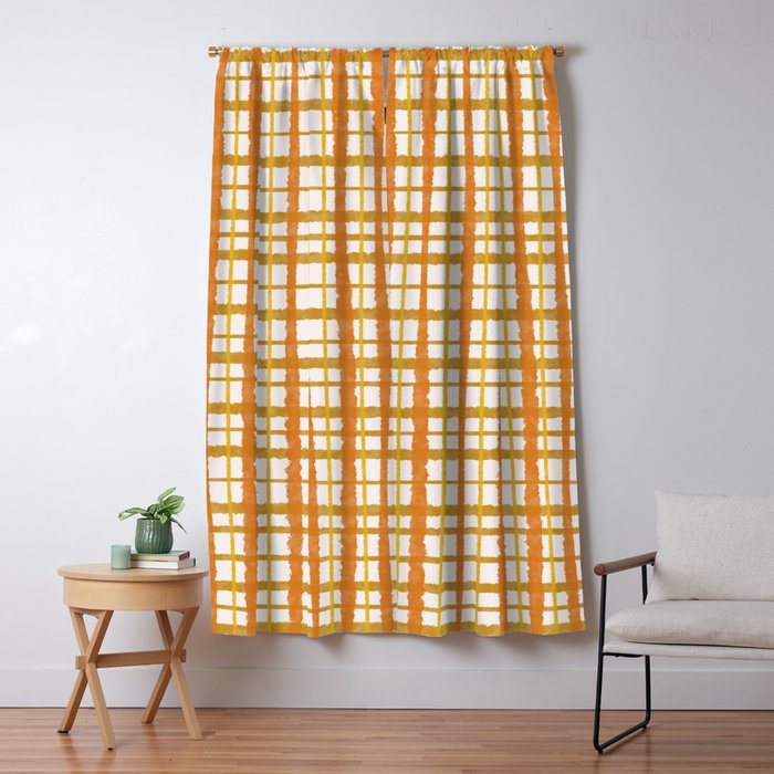 Hygge Retro Stripe Painted Plaid Pattern Orange Mustard Cream Window Curtain Gallery Image 5