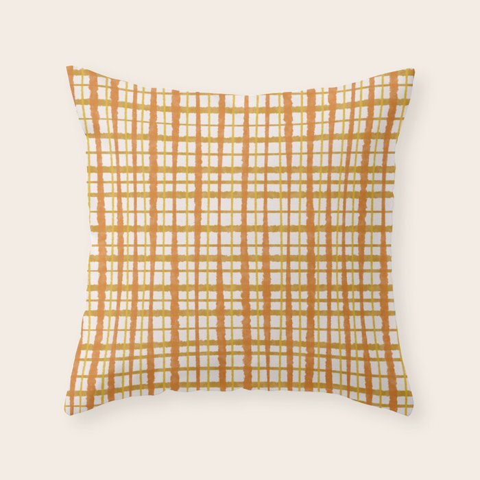 Hygge Retro Stripe Painted Plaid Pattern Orange Mustard Cream Throw Pillow Gallery Image 1