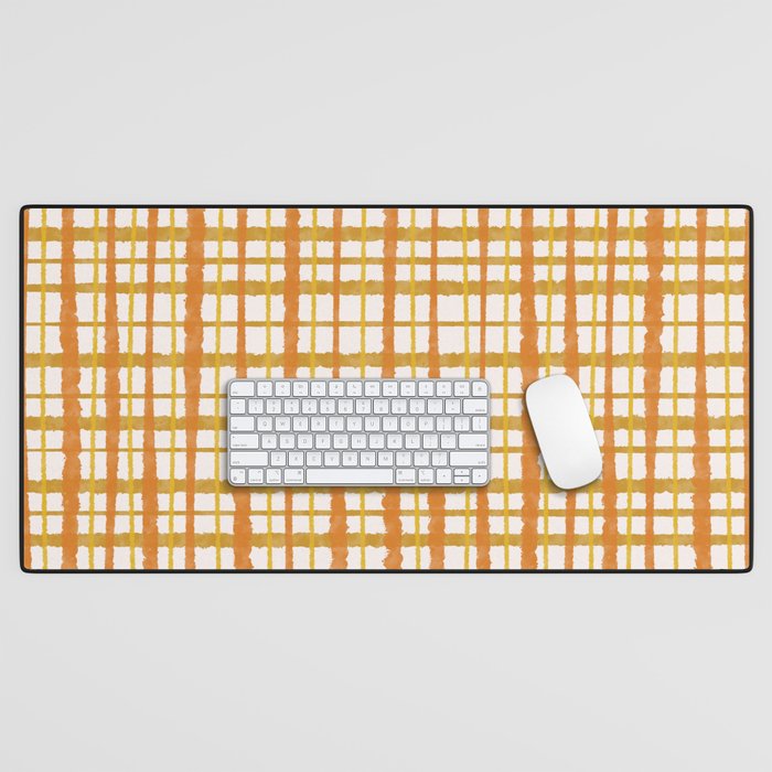 Hygge Retro Stripe Painted Plaid Pattern Orange Mustard Cream Desk Mat Gallery Image 1