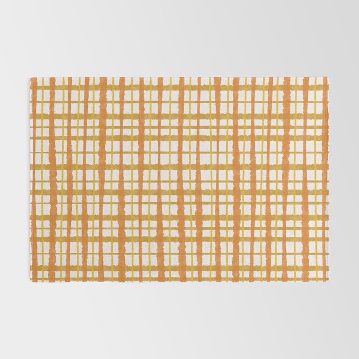 Hygge Retro Stripe Painted Plaid Pattern Orange Mustard Cream Rug Gallery Image 2