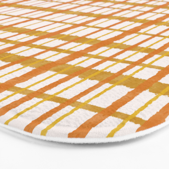 Hygge Retro Stripe Painted Plaid Pattern Orange Mustard Cream Bath Mat Gallery Image 3