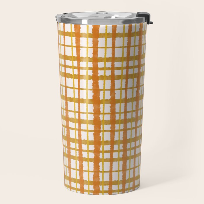 Hygge Retro Stripe Painted Plaid Pattern Orange Mustard Cream Travel Mug Gallery Image 2