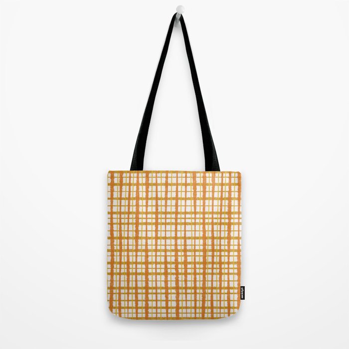 Hygge Retro Stripe Painted Plaid Pattern Orange Mustard Cream Tote Bag Gallery Image 2