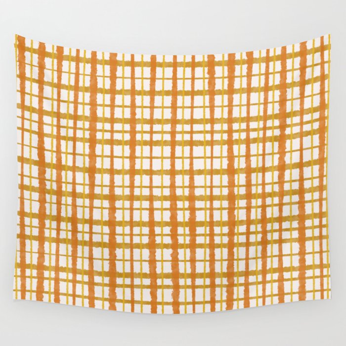 Hygge Retro Stripe Painted Plaid Pattern Orange Mustard Cream Wall Tapestry Gallery Image 1