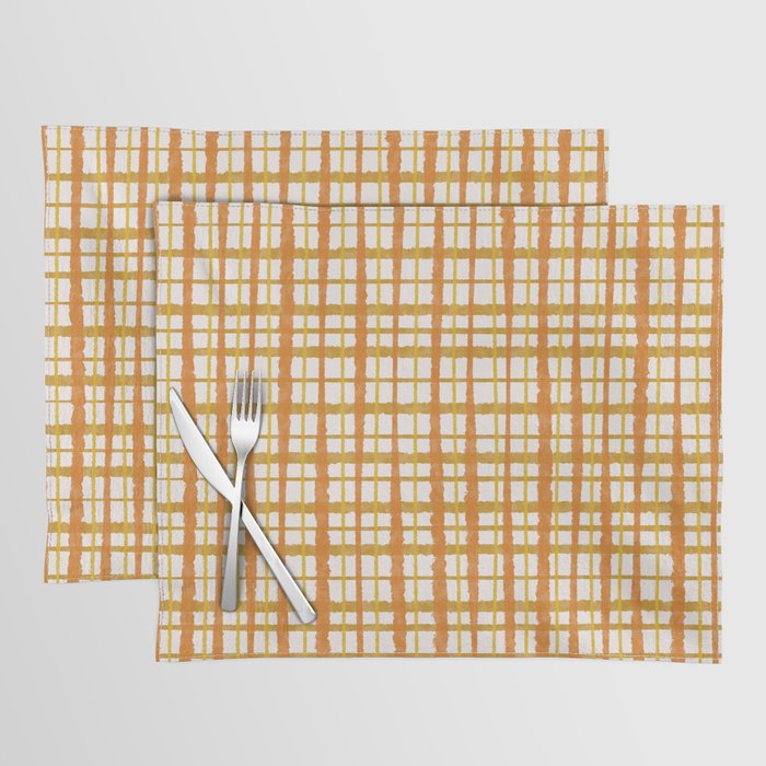 Hygge Retro Stripe Painted Plaid Pattern Orange Mustard Cream Placemat Gallery Image 1