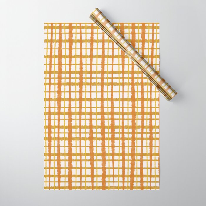 Hygge Retro Stripe Painted Plaid Pattern Orange Mustard Cream Wrapping Paper Gallery Image 1
