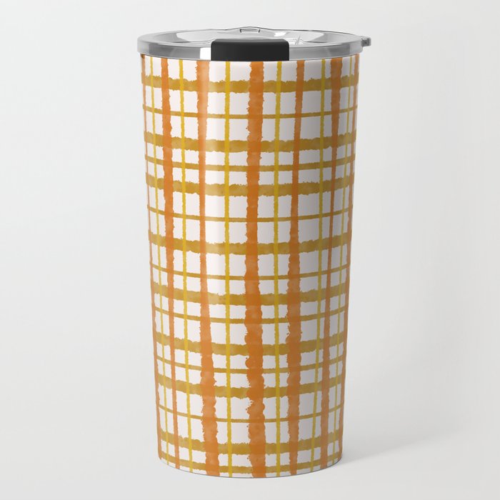 Hygge Retro Stripe Painted Plaid Pattern Orange Mustard Cream Travel Mug Gallery Image 1
