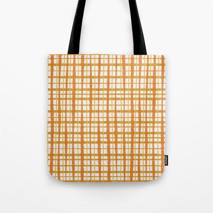 Hygge Retro Stripe Painted Plaid Pattern Orange Mustard Cream Tote Bag Gallery Image 1