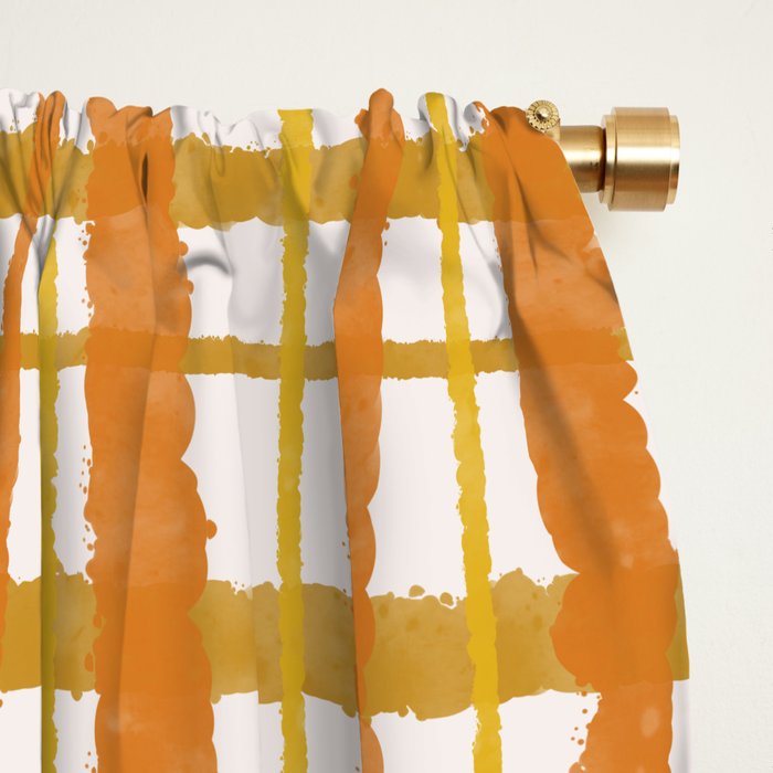 Hygge Retro Stripe Painted Plaid Pattern Orange Mustard Cream Window Curtain Gallery Image 2