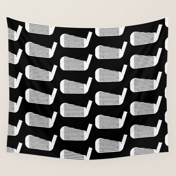 Golf Club Head Vintage Pattern (Black/White) Wall Tapestry Gallery Image 1