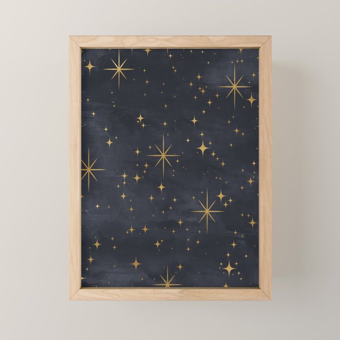 Gold Stars Black Ink Night Sky Magical Mid Century Pattern Mini Art Print Gallery Image 1
