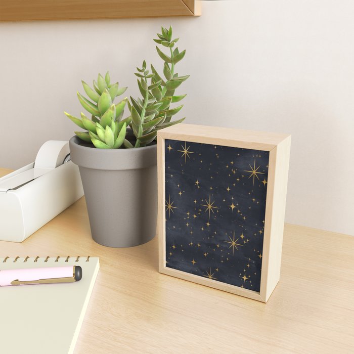 Gold Stars Black Ink Night Sky Magical Mid Century Pattern Mini Art Print Gallery Image 2