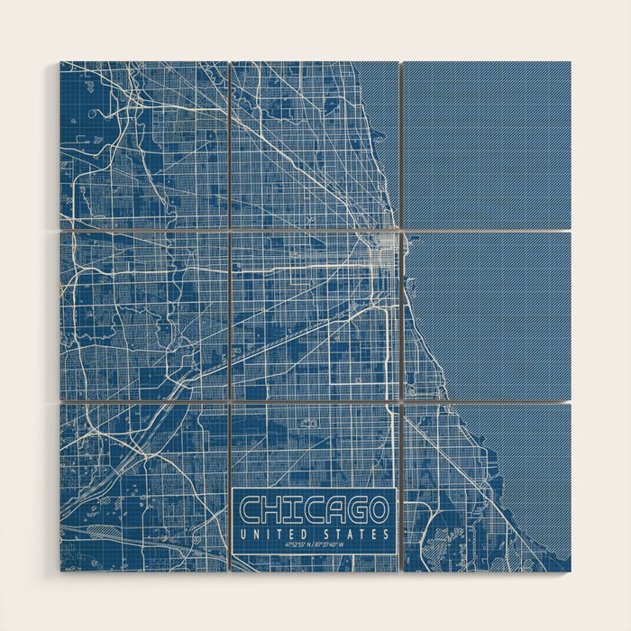 Chicago City Map of the United States - Blueprint Wood Wall Art Gallery Image 1