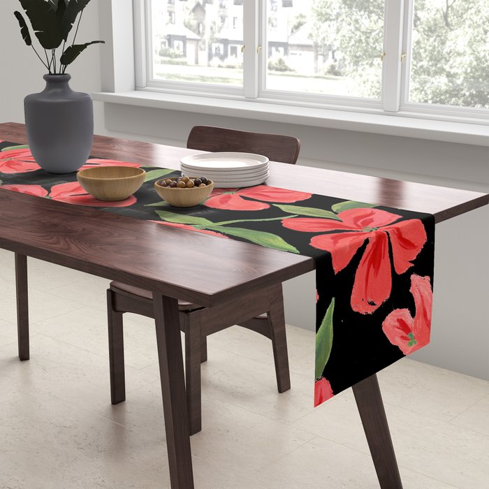 Red bold flowers in black background Table Runner Gallery Image 2