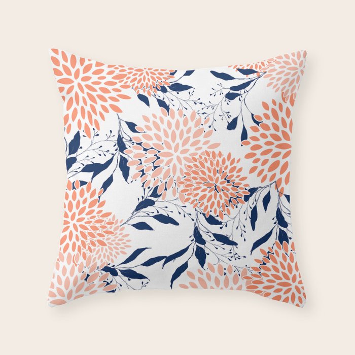 Floral Prints and Leaves, White, Coral and Navy Throw Pillow Gallery Image 6