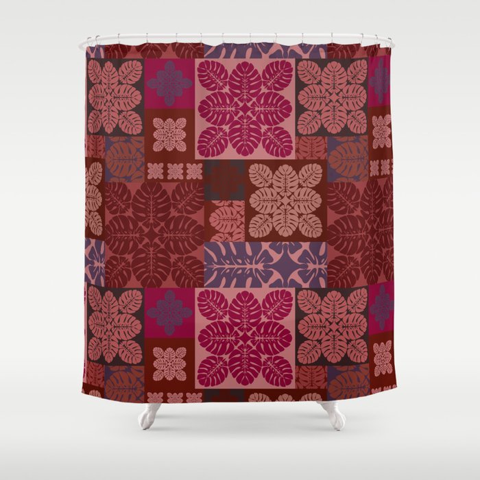 Hawaiian quilt Monstera pattern in maroon Shower Curtain Gallery Image 1
