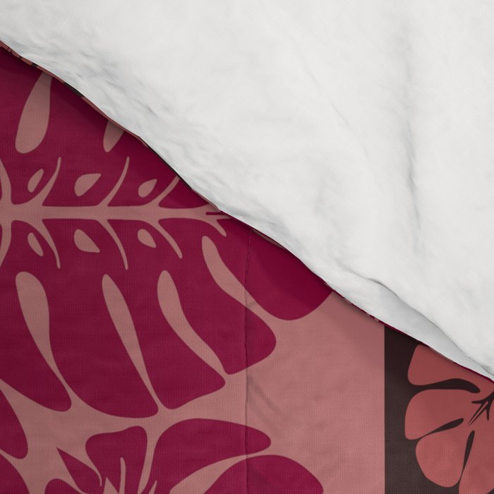 Hawaiian quilt Monstera pattern in maroon Comforter Gallery Image 4
