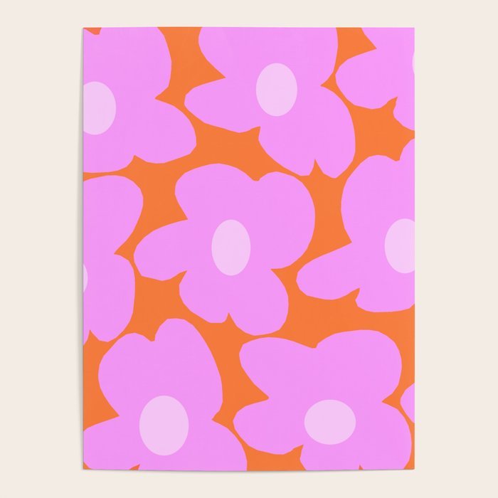 Pastel Pink Retro Flowers Orange Background #decor #society6 #buyart Poster Gallery Image 4