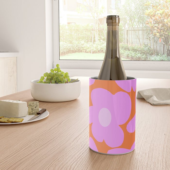 Pastel Pink Retro Flowers Orange Background #decor #society6 #buyart Wine Chiller Gallery Image 4