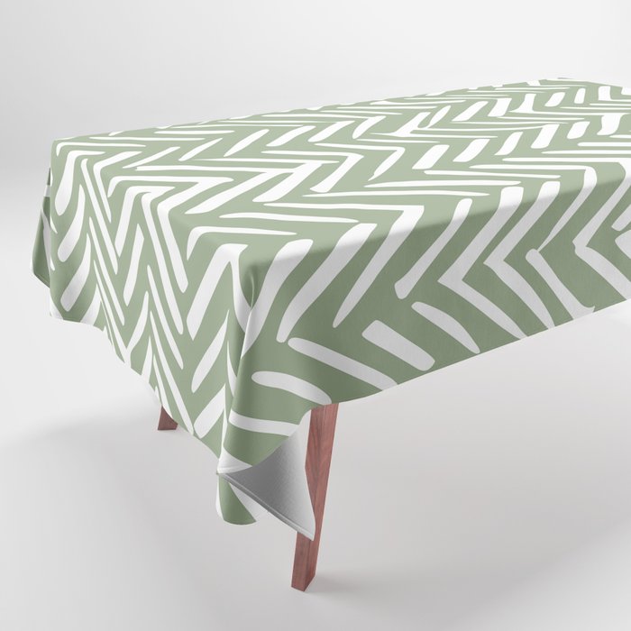 Boho, Abstract, Herringbone Pattern, Sage Green and White Tablecloth Gallery Image 1