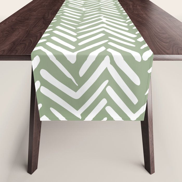 Boho, Abstract, Herringbone Pattern, Sage Green and White Table Runner Gallery Image 1
