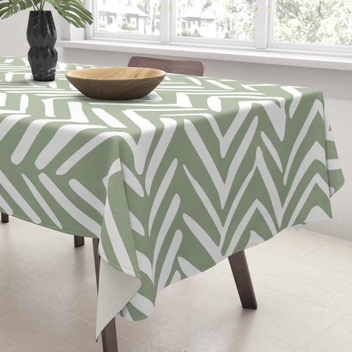 Boho, Abstract, Herringbone Pattern, Sage Green and White Tablecloth Gallery Image 3