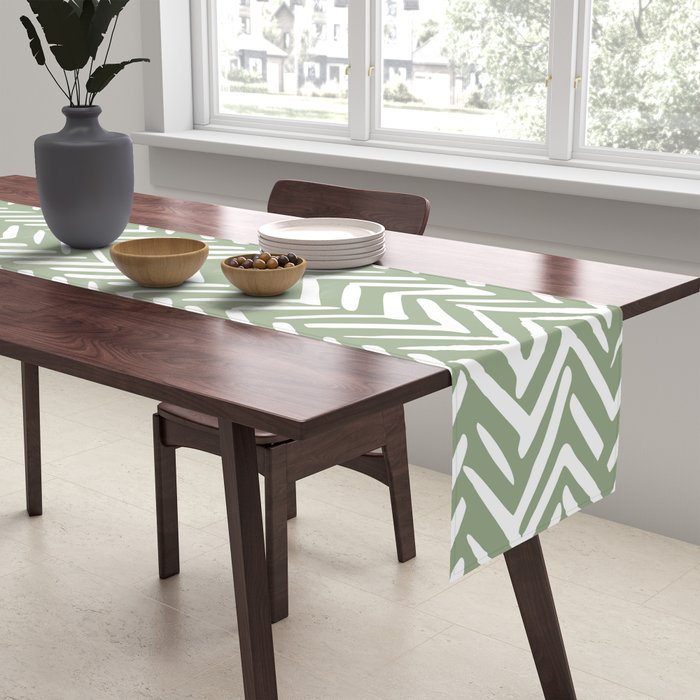 Boho, Abstract, Herringbone Pattern, Sage Green and White Table Runner Gallery Image 2