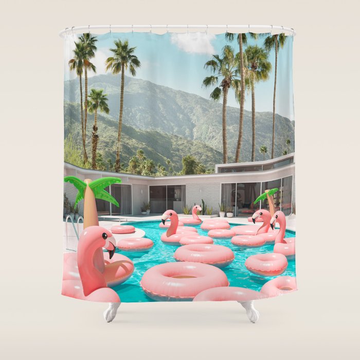 Flamingo Pool Party Shower Curtain Gallery Image 1