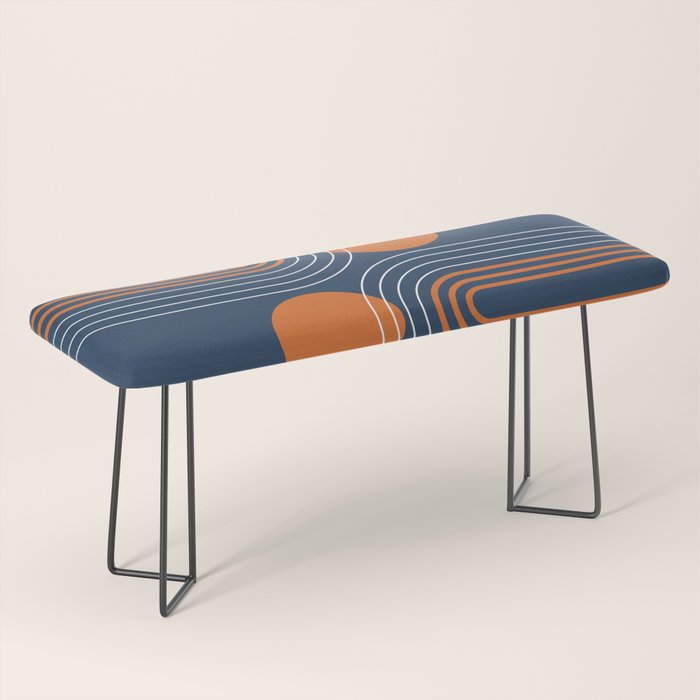 Mid Century Modern Geometric 111 in Navy Blue and Vintage Orange (Rainbow and Sun Abstraction) Bench Gallery Image 1