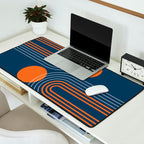 Mid Century Modern Geometric 111 in Navy Blue and Vintage Orange (Rainbow and Sun Abstraction) Desk Mat Gallery Image 2