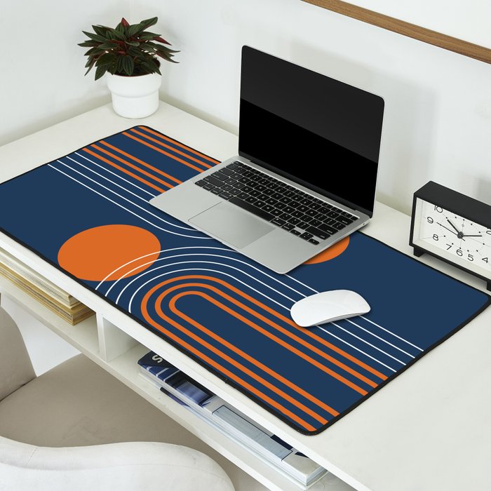 Mid Century Modern Geometric 111 in Navy Blue and Vintage Orange (Rainbow and Sun Abstraction) Desk Mat Gallery Image 2