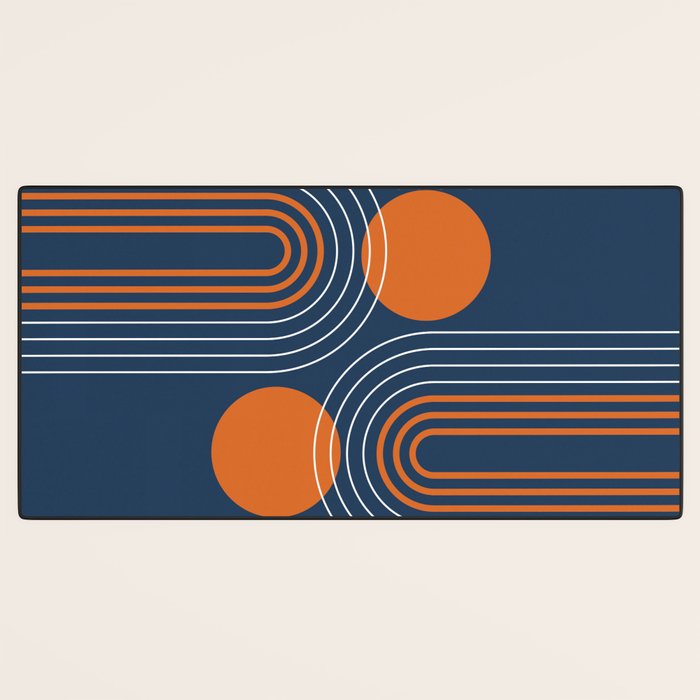 Mid Century Modern Geometric 111 in Navy Blue and Vintage Orange (Rainbow and Sun Abstraction) Desk Mat Gallery Image 3