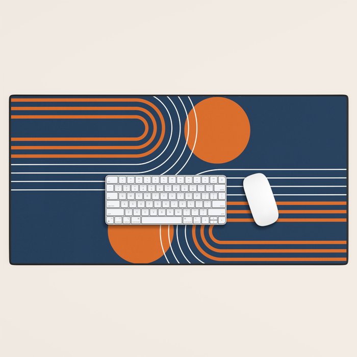 Mid Century Modern Geometric 111 in Navy Blue and Vintage Orange (Rainbow and Sun Abstraction) Desk Mat Gallery Image 1