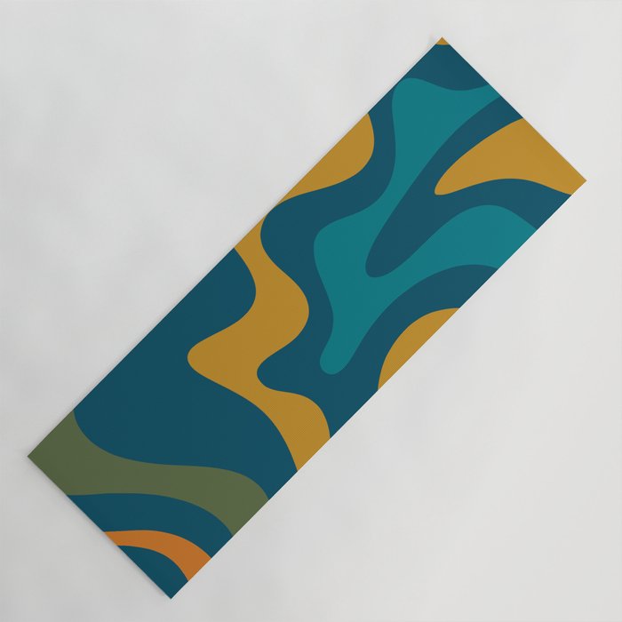 Retro Liquid Swirl Abstract Pattern Square in Moroccan Blue, Teal, Olive, Orange, and Ochre Yoga Mat Gallery Image 1
