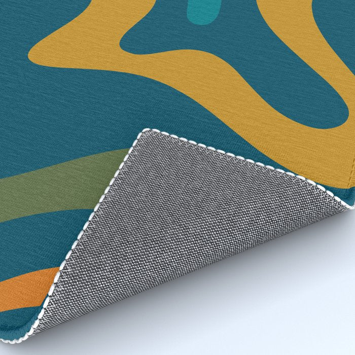 Retro Liquid Swirl Abstract Pattern Square in Moroccan Blue, Teal, Olive, Orange, and Ochre Rug Gallery Image 4