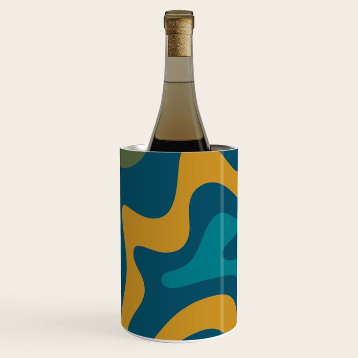 Retro Liquid Swirl Abstract Pattern Square in Moroccan Blue, Teal, Olive, Orange, and Ochre Wine Chiller Gallery Image 1