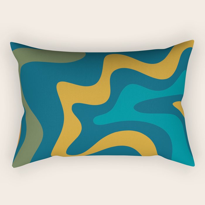 Retro Liquid Swirl Abstract Pattern Square in Moroccan Blue, Teal, Olive, Orange, and Ochre Rectangular Pillow Gallery Image 2