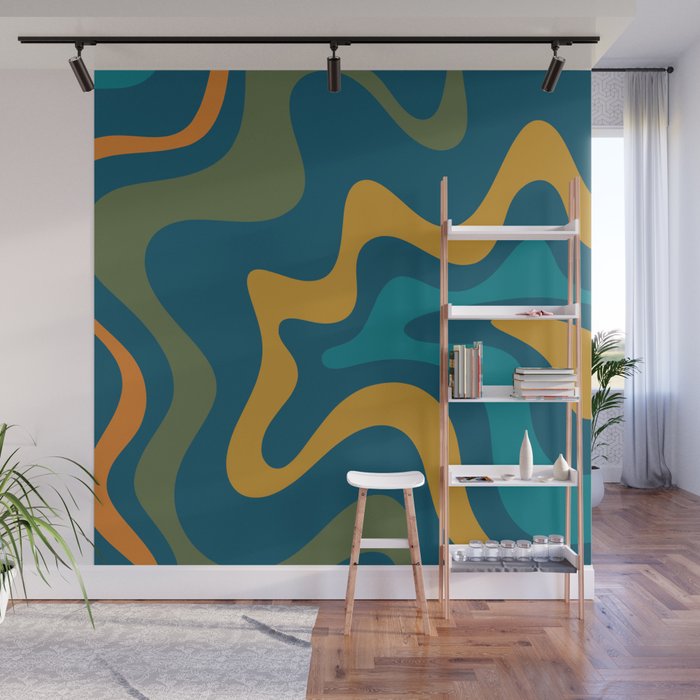 Retro Liquid Swirl Abstract Pattern Square in Moroccan Blue, Teal, Olive, Orange, and Ochre Wall Mural Gallery Image 1