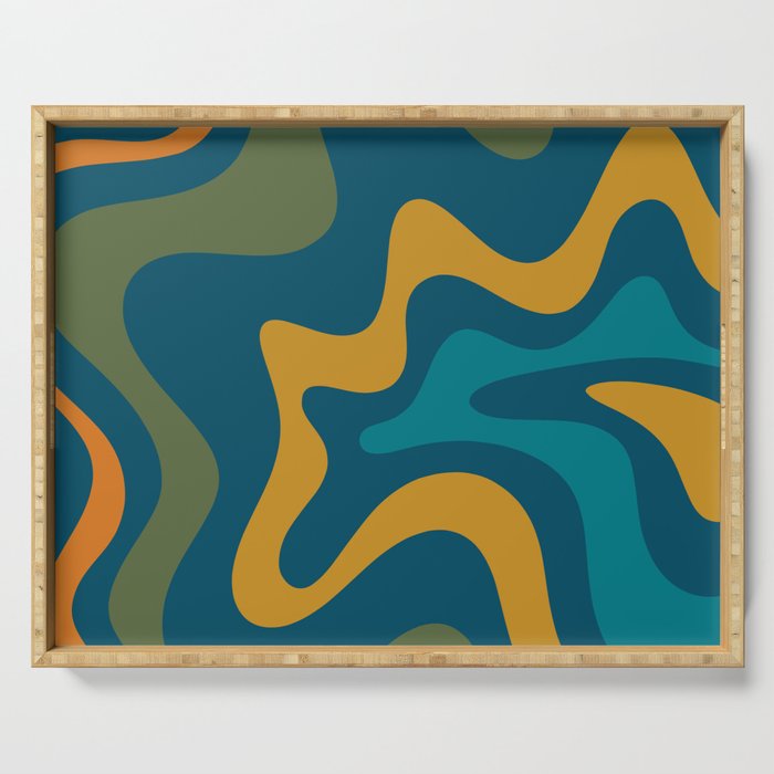 Retro Liquid Swirl Abstract Pattern Square in Moroccan Blue, Teal, Olive, Orange, and Ochre Serving Tray Gallery Image 1